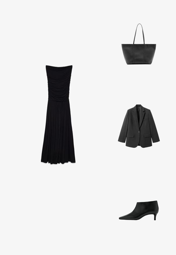 Blazer noir en tissu lisse, doté d'un revers cranté, d'une fermeture à un bouton et de deux poches avant. Design simple et ajusté.; Robe maxi noire sans bretelles avec une texture froncée au niveau du buste et une jupe plissée fluide. Fabriquée dans un tissu lisse et extensible.; Bottine en cuir noir avec bout pointu et petit talon kitten, conçue pour un port élégant et formel.; Sac cabas en cuir noir avec de longues anses fines, une surface texturée et une ouverture large en haut.
