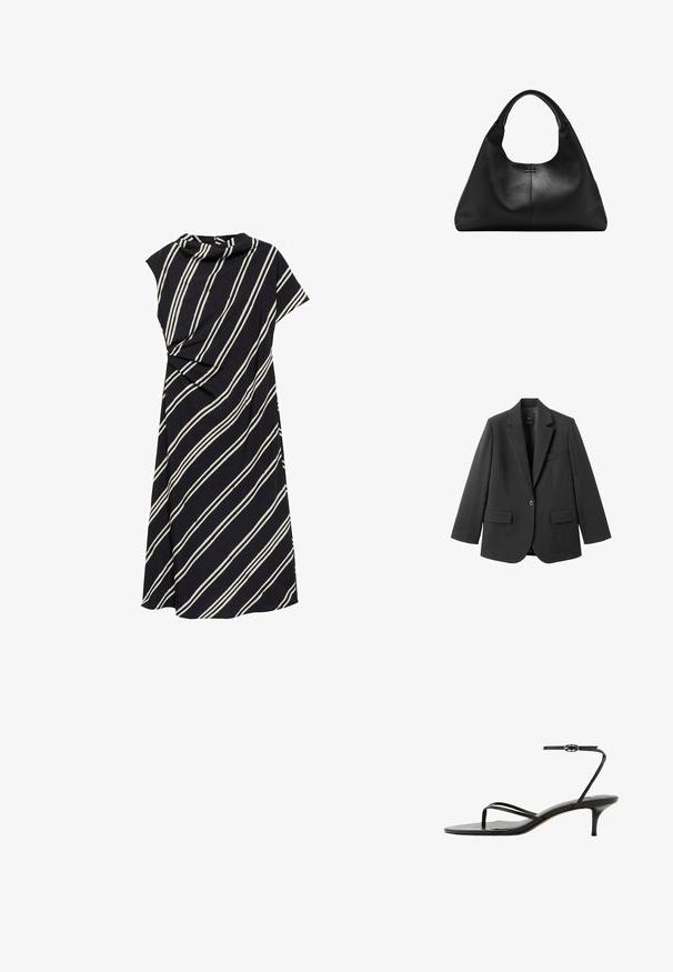 Schwarzer Blazer aus glattem Stoff mit Reverskragen, Ein-Knopf-Verschluss und zwei Vorderentaschen. Einfaches, maßgeschneidertes Design.; Schwarzes Kleid mit weißen diagonalen Streifen, das einen drapierten Ausschnitt und kurze Ärmel hat, gefertigt aus einem weichen, strukturierten Stoff.; Schwarze Riemchensandale mit dünnem Riemen mit Schnalle am Knöchel, Zehenring und schlankem mittelhohem Kittenabsatz auf weißem Hintergrund.; Schwarze Handtasche aus strukturiertem Leder mit breitem Boden und dicken, abgerundeten Griffen, ausgestattet mit einer zentralen vertikalen Naht und feinen Steppnähten.