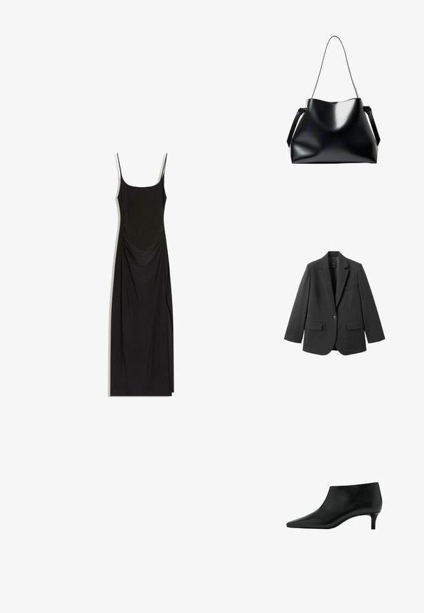 Blazer noir en tissu lisse, doté d'un revers cranté, d'une fermeture à un bouton et de deux poches avant. Design simple et ajusté.; Robe maxi noire sans manches avec fines bretelles, côtés froncés et encolure carrée sur fond blanc.; Bottine en cuir noir avec bout pointu et petit talon kitten, conçue pour un port élégant et formel.; Sac en cuir noir au fini lisse et brillant, avec un bord supérieur incurvé, une longue poignée unique et une bandoulière réglable.