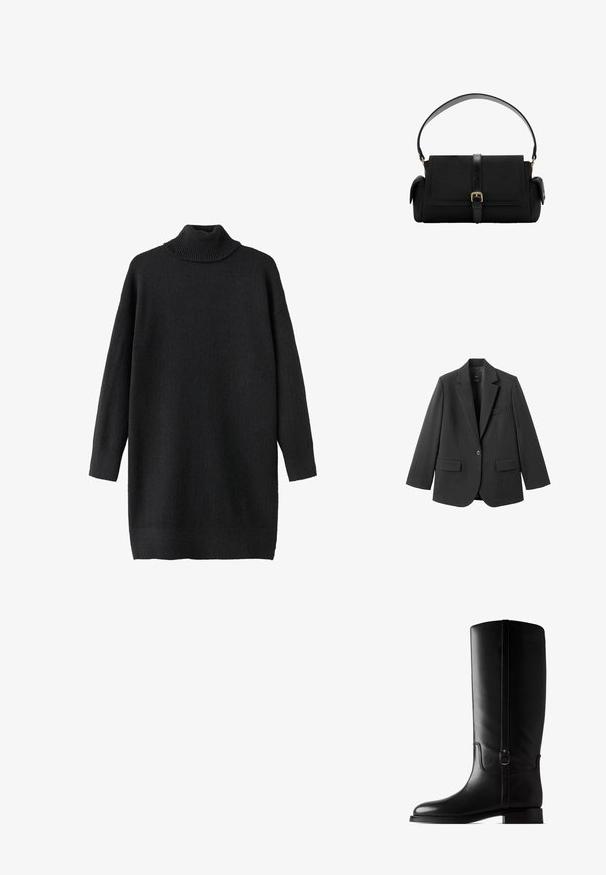 Blazer noir en tissu lisse, doté d'un revers cranté, d'une fermeture à un bouton et de deux poches avant. Design simple et ajusté.; Un pull à col roulé noir en doux tricot texturé. Il possède une coupe ample et des manches longues, avec des accents côtelés au col et à l'ourlet.; Botte haute en cuir noir avec un petit talon et une sangle décorative avec boucle sur le côté.; Sac à main rectangulaire noir avec une poignée supérieure, une fermeture à rabat, des poches latérales et une sangle centrale avec une boucle dorée.