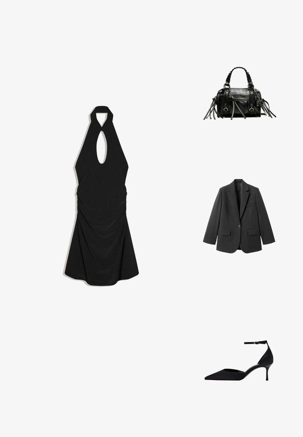 Schwarzer Blazer aus glattem Stoff mit Reverskragen, Ein-Knopf-Verschluss und zwei Vorderentaschen. Einfaches, maßgeschneidertes Design.; Schwarzes Neckholderkleid mit vorderem Schlüssellochausschnitt und drapierten Stoffdetails, knielang mit A-Linien-Silhouette.; Schwarzer High Heel mit spitzer Schuhspitze, dünnem Knöchelriemen und schmalem Stilettabsatz auf weißem Hintergrund.; Kleine schwarze Lederhandtasche mit geflochtenen Griffen, Frontreißverschlusstasche, Metallverschlüssen und dekorativen Lederquasten an jeder Seite.