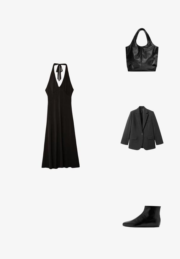 Blazer noir en tissu lisse, doté d'un revers cranté, d'une fermeture à un bouton et de deux poches avant. Design simple et ajusté.; Stradivarius MIDI WITH KNOT - Robe en jersey - black; Bottine en cuir noir avec une surface lisse, semelle plate, bout rond et un design minimaliste.; Sac fourre-tout en cuir noir avec une texture lisse, un haut arrondi doux et de larges poignées. Présente une couture minimale et une silhouette décontractée.