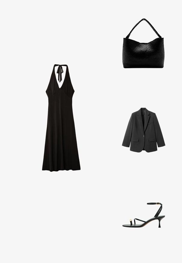 Schwarzer Blazer aus glattem Stoff mit Reverskragen, Ein-Knopf-Verschluss und zwei Vorderentaschen. Einfaches, maßgeschneidertes Design.; Stradivarius MIDI WITH KNOT - Jerseykleid - black; Schwarze, hochhackige Sandale mit dünnem Knöchelriemen, Zehenriemen mit goldenem Akzent und schlankem, mittelhohem Absatz.; Schwarze gewebte Handtasche mit einem geflochtenen Griff, rechteckiger Form und glänzend strukturierter Oberfläche.