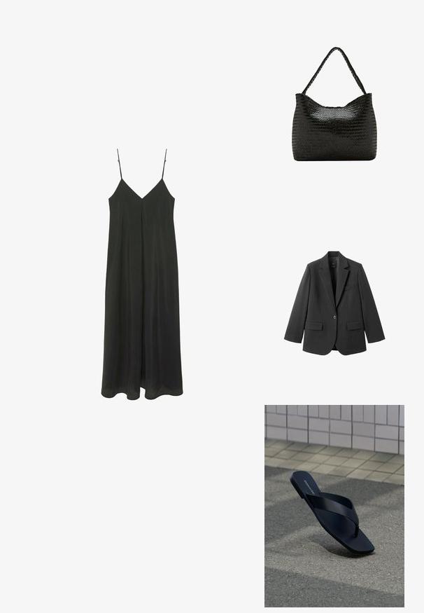 Blazer noir en tissu lisse, doté d'un revers cranté, d'une fermeture à un bouton et de deux poches avant. Design simple et ajusté.; Robe midi noire sans manches avec fines bretelles ajustables et une couture frontale au centre, suspendue sur fond blanc.; Sandale noire à lanière avec bout carré et nom de la marque sur la semelle, positionnée debout sur un pavement texturé près d’un mur carrelé.; Sac bandoulière en cuir noir tressé avec une lanière unique tressée et une forme douce et rectangulaire arrondie.