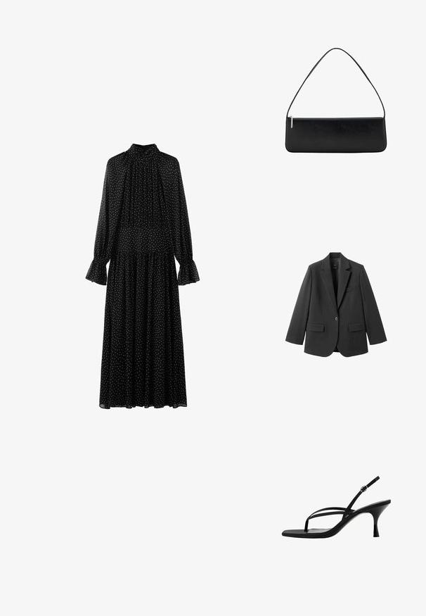 Blazer noir en tissu lisse, doté d'un revers cranté, d'une fermeture à un bouton et de deux poches avant. Design simple et ajusté.; Robe midi noire à manches longues avec des pois blancs, col montant, devant plissé et poignets évasés.; Sandale noire à talons hauts avec fines lanières, bride arrière à la cheville avec boucle, et talon moyen effilé.; Sac d'épaule rectangulaire noir avec une bandoulière unique et une fermeture éclair argentée le long du bord supérieur, sur fond blanc.
