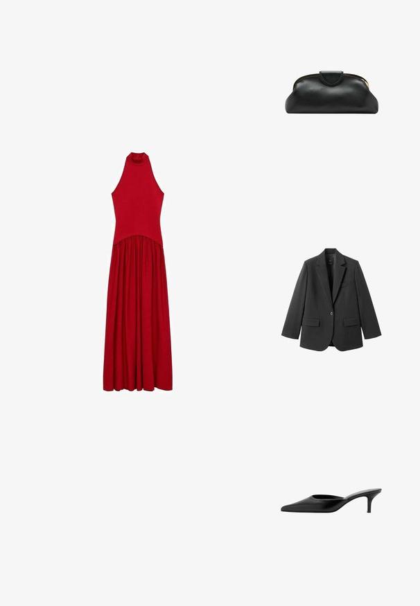 Sort blazer lavet af glat stof med en hakket revers, enkelt knaplukning og to forlommer. Enkel, skræddersyet design.; Rød ærmeløs kjole med høj krave, tætsiddende overdel og flagrende skørt. Lavet af blødt stof med glat tekstur, ingen synlige mønstre.; Sort læder mule med spids tå, lav, slank hæl og design uden hæl, som man nemt kan træde i.; Sort læderclutch med guldfarvet metalramme og tryklukning på hvid baggrund.