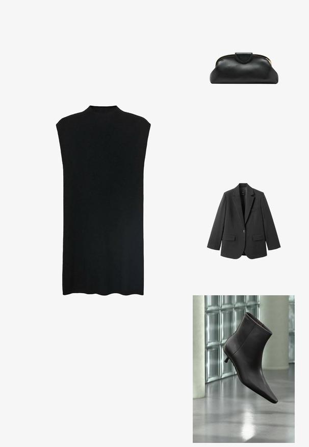 Sort blazer lavet af glat stof med en hakket revers, enkelt knaplukning og to forlommer. Enkel, skræddersyet design.; Sort ærmeløs tunika med høj halsudskæring, blødt stof, løs pasform og lige silhuet. Nederste kant er let buet.; Sort læderankelstøvle med spids tå og lille hæl vist mod en væg af glasblokke og poleret gulv baggrund.; Sort læderclutch med guldfarvet metalramme og tryklukning på hvid baggrund.