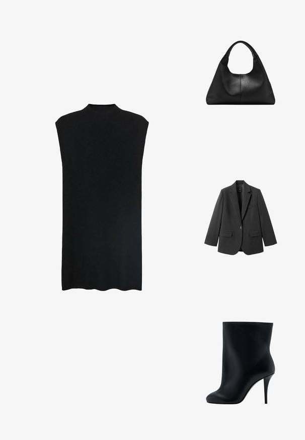 Zwart colbert van gladde stof, met een inkeping op de revers, enkele knoopsluiting en twee voorzakken. Eenvoudig, op maat gemaakt ontwerp.; Zwarte mouwloze tuniek met een hoge halslijn, zachte stof, losse pasvorm en een rechte silhouette. De zoom is aan de onderkant licht gebogen.; Zwarte enkellaars gemaakt van glad synthetisch materiaal met een aansluitend ontwerp, een ronde neus en een hoge stilettohak voor extra hoogte.; Zwarte handtas van getextureerd leer met brede basis en dikke afgeronde handgrepen, met een centrale verticale naad en subtiele stikdetails.