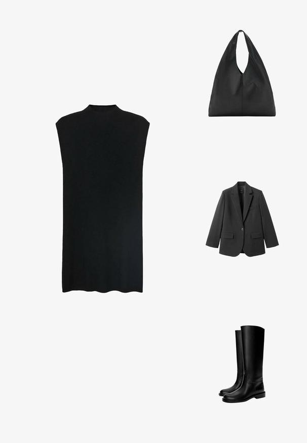 Zwart colbert van gladde stof, met een inkeping op de revers, enkele knoopsluiting en twee voorzakken. Eenvoudig, op maat gemaakt ontwerp.; Zwarte mouwloze tuniek met een hoge halslijn, zachte stof, losse pasvorm en een rechte silhouette. De zoom is aan de onderkant licht gebogen.; Zwarte leren kniehoge laarzen met een gladde textuur, ronde neus, platte zool en minimalistisch ontwerp, met gestikte naden en zonder zichtbare hardware.; Zwarte leren schoudertas met een groot, nonchalant ontwerp en een diepe, langgerekte uitsnede als handvat voor gemakkelijk dragen. Gladde textuur, minimalistische stijl.