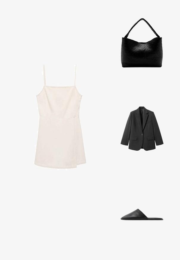 Sort blazer lavet af glat stof med en hakket revers, enkelt knaplukning og to forlommer. Enkel, skræddersyet design.; Lysbeige ærmeløs top med tynde stropper, der har et simpelt lige snit og en glat, let skinnende overflade. Ingen mønstre eller detaljer.; Sorte læder slidesandaler med spids tå og minimalistisk design. Glat tekstur med flad sål og ingen synlig hardware.; Sort vævet håndtaske med et enkelt flettet håndtag, rektangulær form og glansfuld tekstureret overflade.