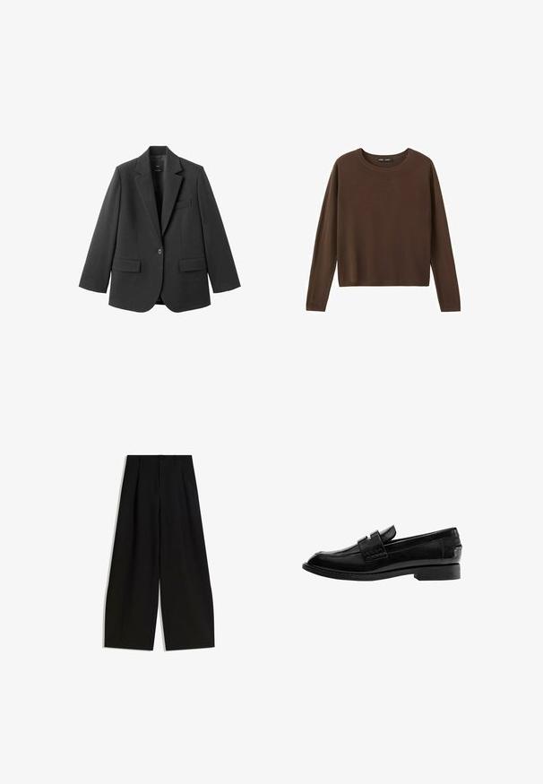 Sort blazer lavet af glat stof med en hakket revers, enkelt knaplukning og to forlommer. Enkel, skræddersyet design.; Brun langærmet trøje med rund hals, med et enkelt, ensfarvet design og ribstrikket halsudskæring, ærmekanter og kant forneden.; Sorte bredbenede bukser lavet af glat stof, med høj talje, læg foran, og uden synlige dekorationer eller mønstre.; Sort læderloafer med en blank finish, let spids tå, slip-on design og en lav rektangulær hæl med syningsdetaljer.