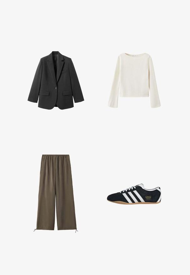 Blazer noir en tissu lisse, doté d'un revers cranté, d'une fermeture à un bouton et de deux poches avant. Design simple et ajusté.; Pull blanc cassé à manches longues avec un large col rond et des manches légèrement évasées, fabriqué en tissu en maille douce.; Pantalon vert olive ample avec taille élastique et cordons au bas, présenté à plat sur fond blanc.; Sneakers en suede noir avec trois bandes blanches, logo doré et semelle en caoutchouc marron. Présente un design à lacets à profil bas.