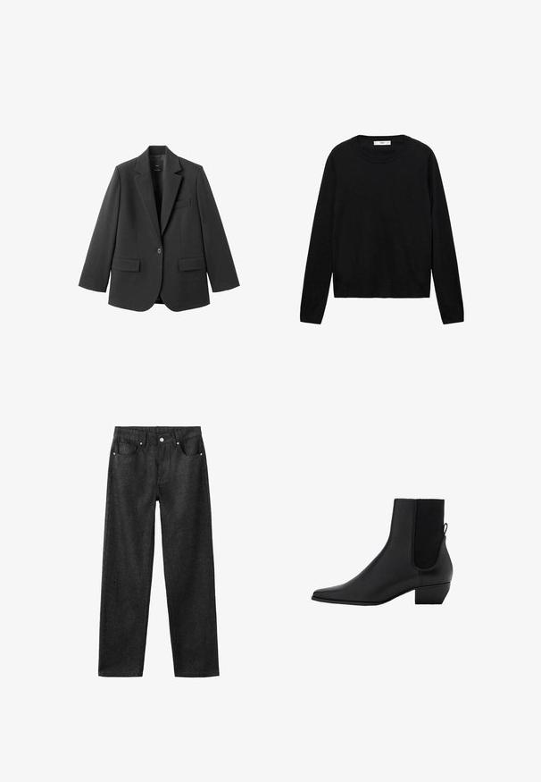 Sort blazer lavet af glat stof med en hakket revers, enkelt knaplukning og to forlommer. Enkel, skræddersyet design.; Sort langærmet sweater lavet af blødt materiale med rund hals og ribbede manchetter, med et enkelt og lige snit design.; Sorte denimbukser med lige ben, der har fem lommer, sølvhardware og en glat tekstur.; Sort ankelstøvle lavet af glat læder med spids tå, elastiske sidestykker og en lav blokhæl. Minimalistisk design uden synligt hardware.