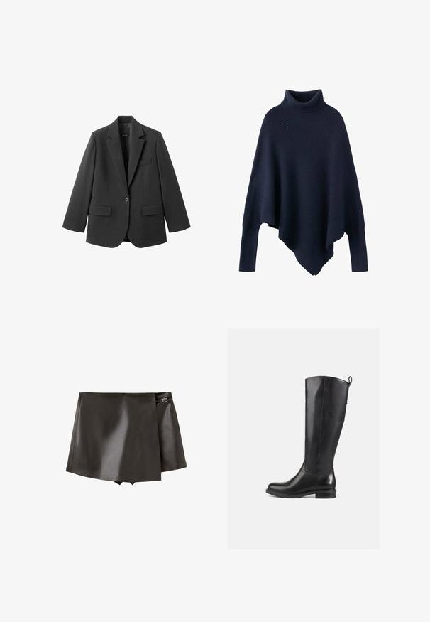 Schwarzer Blazer aus glattem Stoff mit Reverskragen, Ein-Knopf-Verschluss und zwei Vorderentaschen. Einfaches, maßgeschneidertes Design.; Marineblauer Strickponcho mit hohem Kragen, der eine lockere Silhouette und ein strukturiertes Rippenmuster aufweist. Der Saum ist asymmetrisch und fällt locker.; Schwarzer Wickelrock aus Kunstleder mit seitlichem Schnallendetail und leichtem Überlappen vorne, auf weißem Hintergrund dargestellt.; Schwarz Leder Stiefel bis zum Knie mit glatter Oberfläche, runder Spitze, tiefem Absatz und Zugschlaufe hinten. Minimalistisches Design ohne sichtbare Muster.