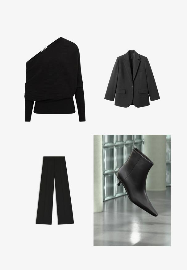 Blazer noir en tissu lisse, doté d'un revers cranté, d'une fermeture à un bouton et de deux poches avant. Design simple et ajusté.; Pull en maille côtelée noire avec une encolure décalée sur une épaule, manches longues et taille ajustée.; Pantalon noir à jambes larges, fabriqué dans un tissu lisse, avec des plis à l'avant et une taille haute. Aucune poche visible dans le design.; Bottine en cuir noir avec bout pointu et petit talon, présentée devant un mur en blocs de verre et un sol poli.