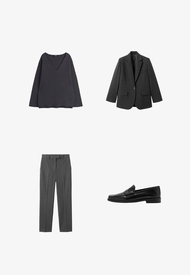 Sort blazer lavet af glat stof med en hakket revers, enkelt knaplukning og to forlommer. Enkel, skræddersyet design.; Mørkegrå sweatshirt med dyb V-udskæring, lange ærmer og en afslappet pasform. Lavet af blødt stof med en glat tekstur og uden synlige mønstre.; Grå skræddersyede bukser med et stribet mønster, glat front og bæltestropper. Fremstillet af et glat stof med en klassisk straight-leg pasform.; Mango Loafers - black