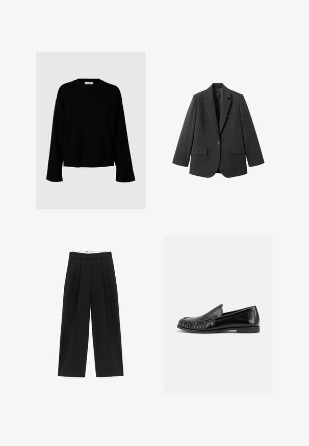 Blazer noir en tissu lisse, doté d'un revers cranté, d'une fermeture à un bouton et de deux poches avant. Design simple et ajusté.; Un pull noir avec une coupe ample, des manches longues, un col rond et des poignets côtelés, fabriqué en tissu doux et texturé.; Pantalon noir à jambes larges avec plis sur le devant, passants pour ceinture et poches latérales, conçu pour une coupe ajustée.; Mocassin noir en cuir à enfiler avec bout arrondi, détails cousus à l'avant et petit talon plat, vu de côté.