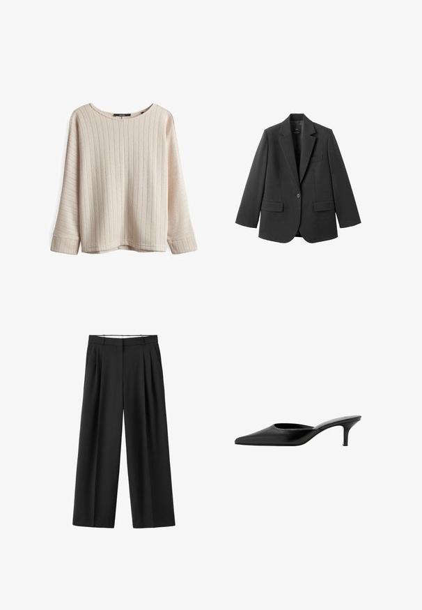 Schwarzer Blazer aus glattem Stoff mit Reverskragen, Ein-Knopf-Verschluss und zwei Vorderentaschen. Einfaches, maßgeschneidertes Design.; Helle beige Pullover mit vertikaler Rippung, weitem Boot-Ausschnitt und lockerer Passform. Strukturierter Stoff, lange Ärmel mit verlängerten Bündchen.; Schwarze weitgeschnittene Hose mit vorderen Falten, Gürtelschlaufen und einem verdeckten vorderen Verschluss.; Schwarzer Leder-Mule mit spitz zulaufender Zehenpartie, niedrigem, schlankem Absatz und hinten offenem Schlupf-Design.