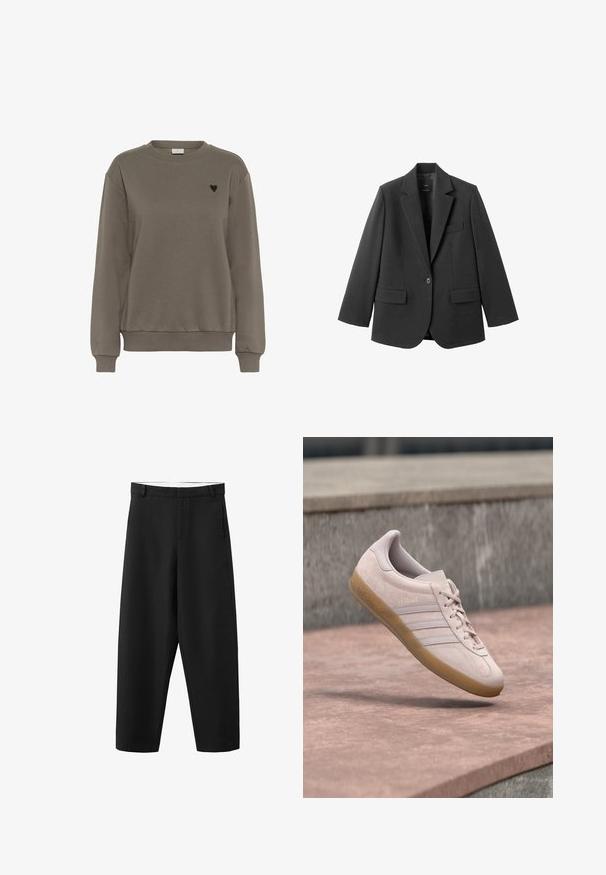 Blazer noir en tissu lisse, doté d'un revers cranté, d'une fermeture à un bouton et de deux poches avant. Design simple et ajusté.; Sweatshirt en coton marron avec un col rond, des poignets et un ourlet côtelés. Présente un petit logo en forme de cœur noir sur la zone gauche de la poitrine.; Pantalon noir à jambes droites avec passants pour ceinture, fermeture éclair à l'avant, et un design épuré et simple, adapté pour une tenue formelle ou décontractée.; Baskets en daim rose clair avec une semelle en caoutchouc gomme. Elles présentent trois bandes latérales et le marquage embossé « Gazelle » sur le côté extérieur.
