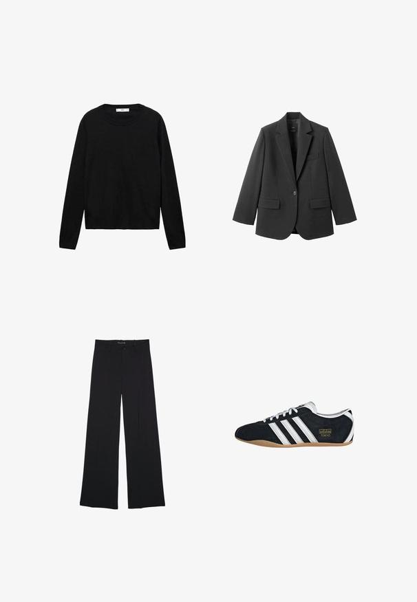 Blazer noir en tissu lisse, doté d'un revers cranté, d'une fermeture à un bouton et de deux poches avant. Design simple et ajusté.; Pull noir à manches longues en matière douce avec un col rond et des poignets côtelés, présentant un design simple et droit.; Pantalon noir à jambes larges avec passants de ceinture, bouton frontal et fermeture éclair, étalé à plat sur un fond blanc.; Sneakers en suede noir avec trois bandes blanches, logo doré et semelle en caoutchouc marron. Présente un design à lacets à profil bas.