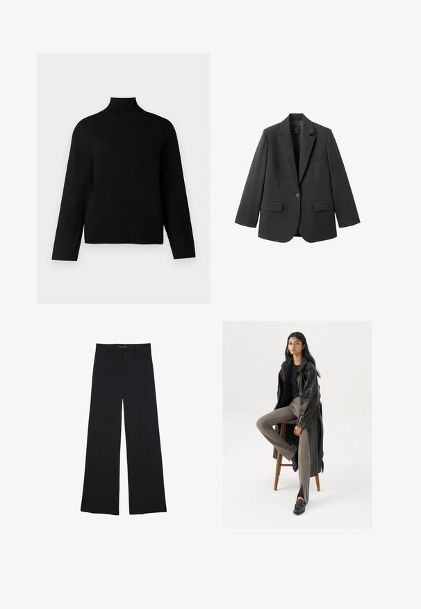 Sort blazer lavet af glat stof med en hakket revers, enkelt knaplukning og to forlommer. Enkel, skræddersyet design.; Sort turtleneck trøje lavet af blødt strikstof, der har lange ærmer og en afslappet pasform. Glat tekstur uden synlige mønstre eller accenter.; Sorte bukser med vide ben, bæltestropper, knaplukning foran og lynlås, lagt fladt på en hvid baggrund.; Sort læder trench coat med knapper og bælte detalje, parret med lysebrune tætsiddende bukser og sorte loafers, siddende på en træstol.