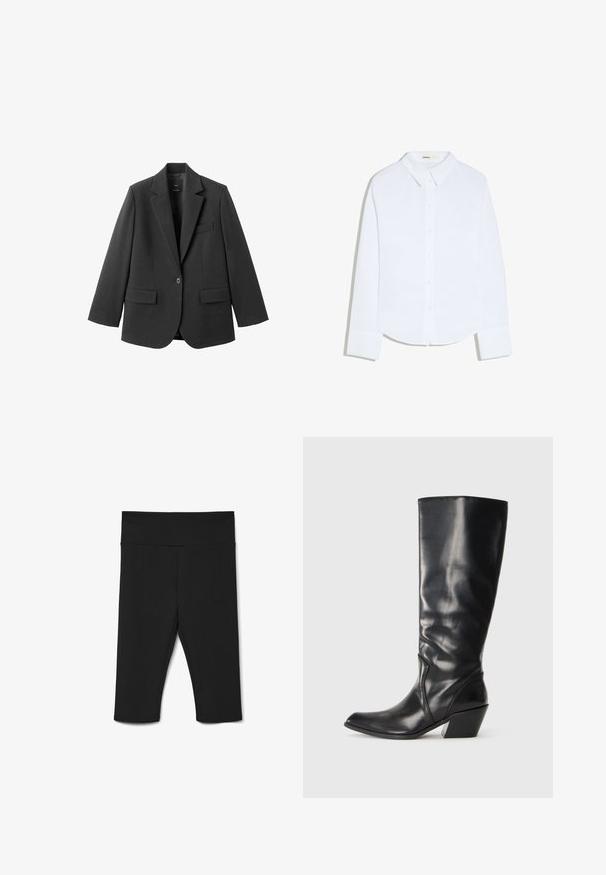 Sort blazer lavet af glat stof med en hakket revers, enkelt knaplukning og to forlommer. Enkel, skræddersyet design.; Hvid skjorte med lange ærmer, knapper, krave og manchetter, svagt buet kant, vist på en ensfarvet hvid baggrund.; Sorte knæ-lange leggings lavet af strækbart stof, med en bred talje og flade sømme for komfort. Ingen synlige mønstre eller accenter.; Sorte læder knæhøje støvler med spids tå, vinklet hæl og glat tekstur. Funktioner en subtil syning langs siden.