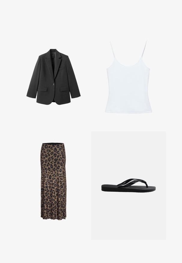 Sort blazer lavet af glat stof med en hakket revers, enkelt knaplukning og to forlommer. Enkel, skræddersyet design.; Hvid dame-camisole med tynde spaghettistropper og et tætsiddende, ensfarvet design.; Leopardprint nederdel i brune og sorte nuancer, med et flydende design og en subtil flæsekant, fremstillet af et let og blødt stof.; Sort gummiflip-flop med tekstureret fodseng og glat Y-formet rem på en ensfarvet lys baggrund.