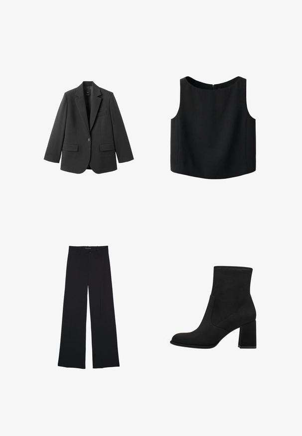 Sort blazer lavet af glat stof med en hakket revers, enkelt knaplukning og to forlommer. Enkel, skræddersyet design.; Sort ærmeløs top med rund halsudskæring og glat stoftekstur. Har en diskret lynlås bagpå og en lige nederkant.; Sorte bukser med vide ben, bæltestropper, knaplukning foran og lynlås, lagt fladt på en hvid baggrund.; Sorte ankelstøvler med blokhæl, lavet af blødt suede. Har en rund tå og glatte sidestykker med syningsdetaljer.