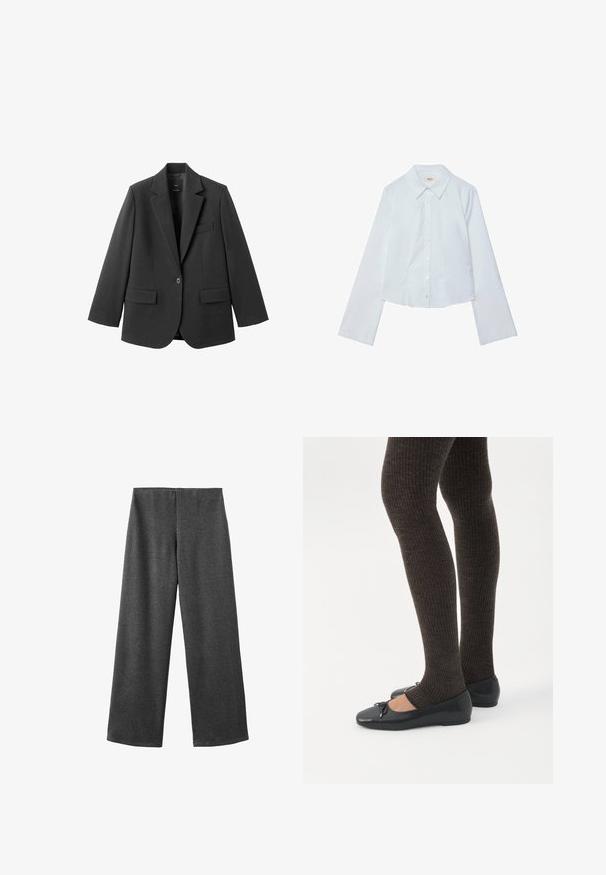 Sort blazer lavet af glat stof med en hakket revers, enkelt knaplukning og to forlommer. Enkel, skræddersyet design.; Hvid langærmet cropped skjorte, knaplukning foran med spids krave, glat tekstur og subtil glans, med en lige nederkant.; Bredde bukser lavet af mørkegrå stof med en glat tekstur. Har en mellemhøj talje og ingen synlige lukninger eller udsmykninger.; Ben iført mørke ribbede leggings kombineret med sorte balletsko med små sløjfedetaljer på hvid baggrund.