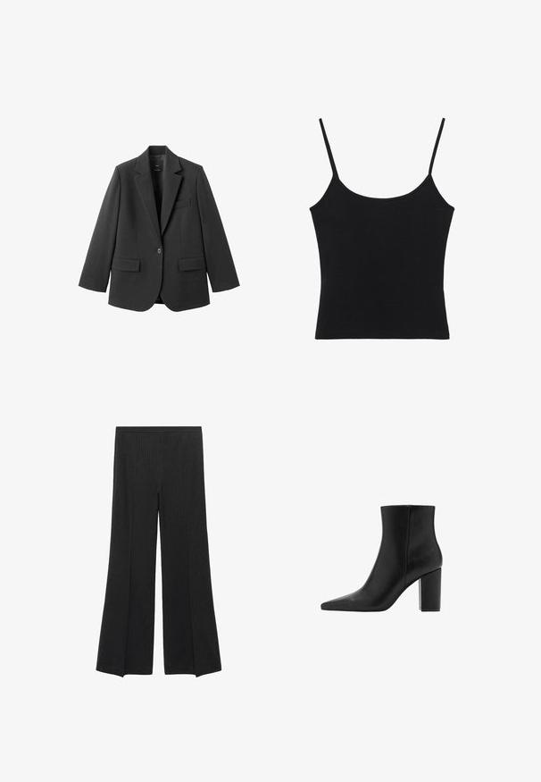 Sort blazer lavet af glat stof med en hakket revers, enkelt knaplukning og to forlommer. Enkel, skræddersyet design.; Sort ærmeløs dame top med tynde spaghettistropper og lige kant.; Sorte brede bukser med diskrete lodrette striber og elastisk talje, præsenteret fladt på en hvid baggrund.; Sorte læder ankelstøvler med spidse tæer og blokhæl. Glat tekstur og minimalistisk design, med en mid-højde skaft.