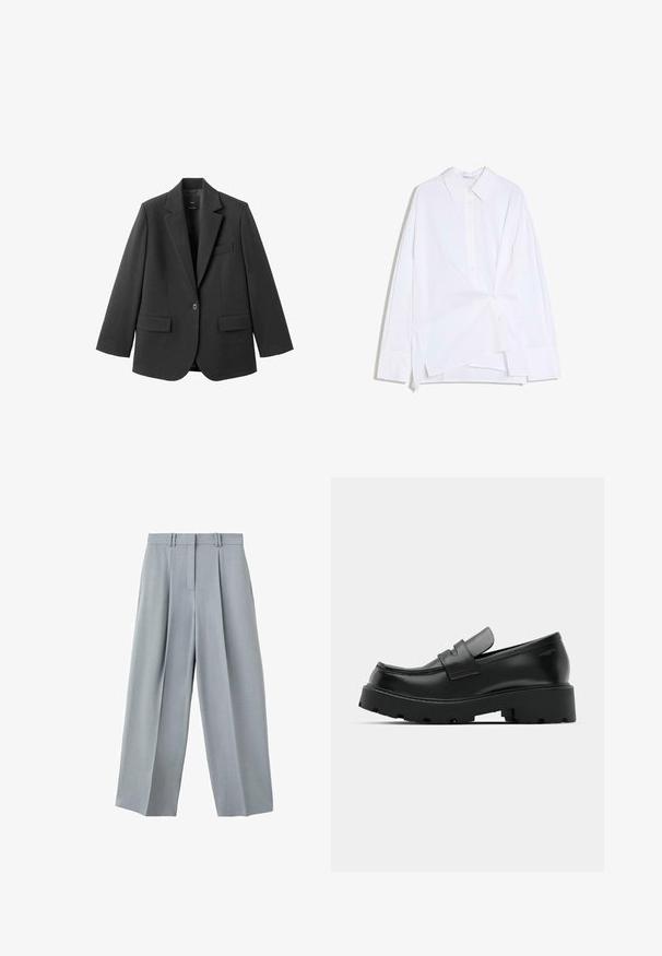Blazer noir en tissu lisse, doté d'un revers cranté, d'une fermeture à un bouton et de deux poches avant. Design simple et ajusté.; Chemise blanche à manches longues avec boutons, devant asymétrique torsadé et col classique, présentée sur un fond blanc.; Pantalon large gris clair avec plis sur le devant, passants pour ceinture et fermeture avant dissimulée.; Mocassins en cuir noir avec une semelle épaisse et texturée, dotés d'une sangle sur le vamp et d'une finition lisse et polie.