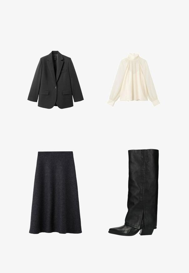 Zwart colbert van gladde stof, met een inkeping op de revers, enkele knoopsluiting en twee voorzakken. Eenvoudig, op maat gemaakt ontwerp.; Gebroken witte blouse met lange mouwen, hoge hals, geplooide inzet, losse pasvorm, knoopmanchetten en ritssluiting aan de achterkant.; Een donkergrijze, knie-lange A-lijn rok gemaakt van zachte, gestructureerde stof met een gladde tailleband en zonder zichtbare sluitingen of versieringen.; Hoge zwarte leren laarzen met een vierkante neus en een blokhak. Heeft een gladde textuur en een split aan de achterkant voor extra detail.