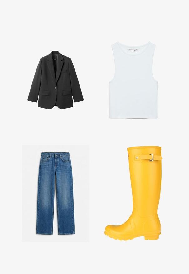 Sort blazer lavet af glat stof med en hakket revers, enkelt knaplukning og to forlommer. Enkel, skræddersyet design.; Hvid ærmeløs crop top med rund halsudskæring, lavet af glat stof, mærket Pull&Bear, egnet til afslappet brug.; Blå jeans med lige ben, forlommer, bæltestropper og knaplukning, vist fladt på hvid baggrund.; Gul gummistøvle med en glat overflade, justerbar spænde, og tekstureret sål for bedre greb. Høj design, rund tå, og sømløs krop.