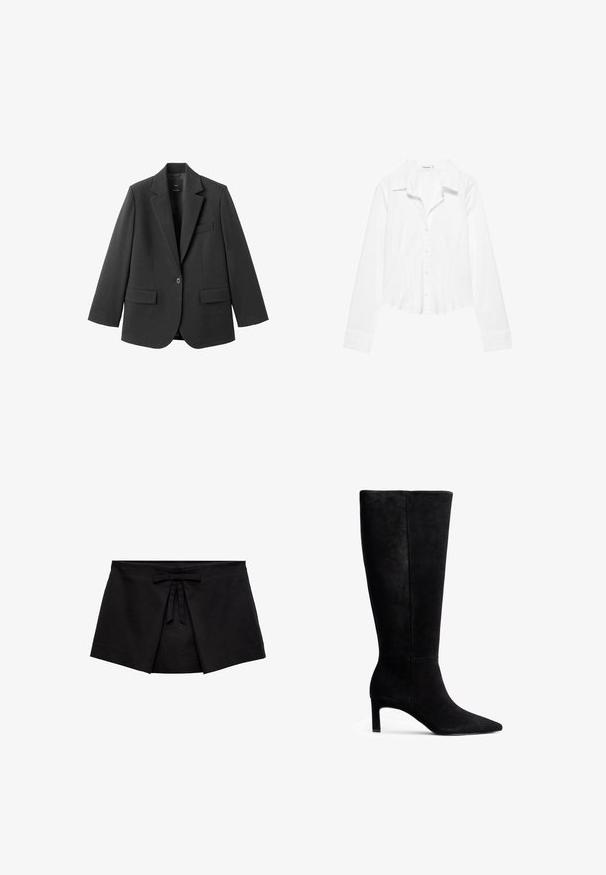 Schwarzer Blazer aus glattem Stoff mit Reverskragen, Ein-Knopf-Verschluss und zwei Vorderentaschen. Einfaches, maßgeschneidertes Design.; Weißes Langarmhemd mit Kragen, leicht tailliertem Schnitt und geknöpften Manschetten, auf weißem Hintergrund dargestellt.; Schwarzer Wickel-Minirock mit vorderem Falten-Detail und einer kleinen gebundenen Schleife am Bund.; Schwarze Wildleder-Stiefel bis zum Knie mit einer spitzen Zehenpartie und einem schmalen Stiletto-Absatz. Glatte Textur mit einem schlichten Design und ohne sichtbare Beschläge oder Akzente.
