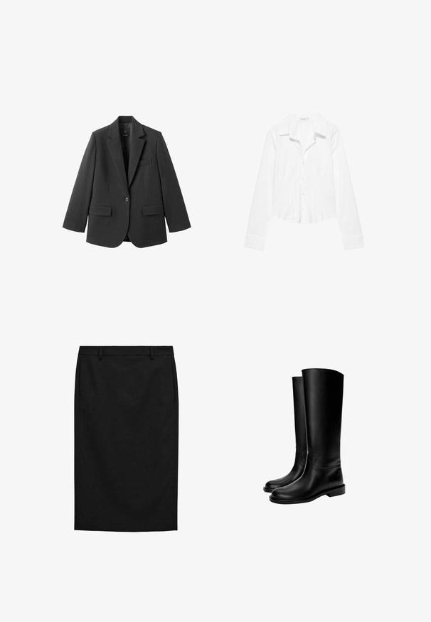 Sort blazer lavet af glat stof med en hakket revers, enkelt knaplukning og to forlommer. Enkel, skræddersyet design.; Hvid skjorte med lange ærmer, krave, let figursyet talje og manchetter med knapper, vist på en hvid baggrund.; Sort knælang blyantskørt med bæltestropper og sidelommer, skræddersyet pasform og lige kant.; Sorte knæhøje læderstøvler med en glat tekstur, rund tå, flad sål og minimalistisk design, der har syede sømme og ingen synlige metaldele.