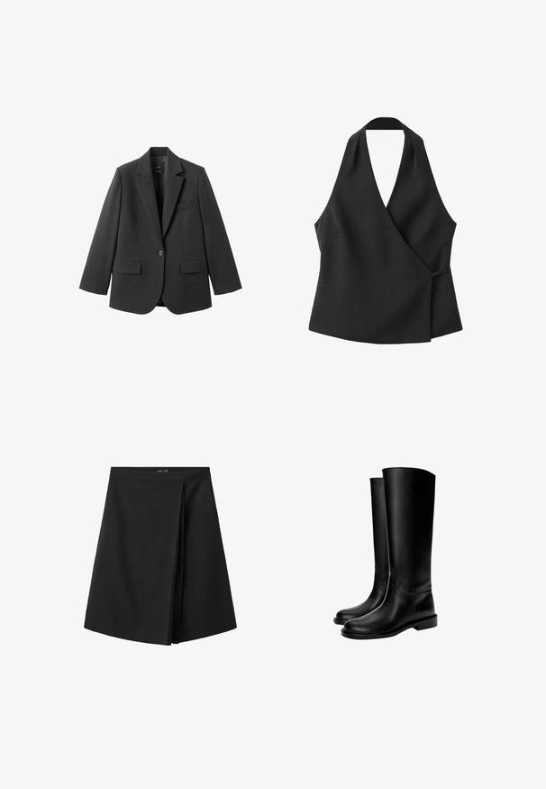 Zwart colbert van gladde stof, met een inkeping op de revers, enkele knoopsluiting en twee voorzakken. Eenvoudig, op maat gemaakt ontwerp.; Zwarte mouwloze overslagtop met halternek en zijstrikdetail op een witte achtergrond.; Zwarte rok tot op de knie met een rechte tailleband en een overlappend plooidetail aan de voorkant, afgebeeld op een witte achtergrond.; Zwarte leren kniehoge laarzen met een gladde textuur, ronde neus, platte zool en minimalistisch ontwerp, met gestikte naden en zonder zichtbare hardware.