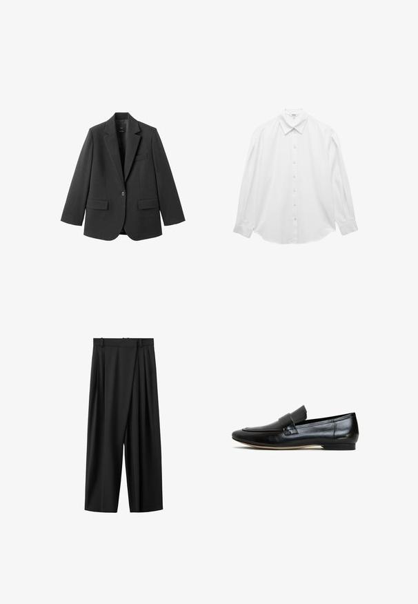 Sort blazer lavet af glat stof med en hakket revers, enkelt knaplukning og to forlommer. Enkel, skræddersyet design.; Hvid langærmet skjorte med knaplukning og klassisk krave, som har en afslappet pasform, rund søm og ingen synlige mønstre eller accenter.; Sorte bukser med vide ben, høj talje, frontplisseringer, bæltestropper og skjult lukning foran.; Sorte læderloafers med en glat overflade, rund tå og en dekorativ rem over forfoden. Letvægts sål med en let hæl.