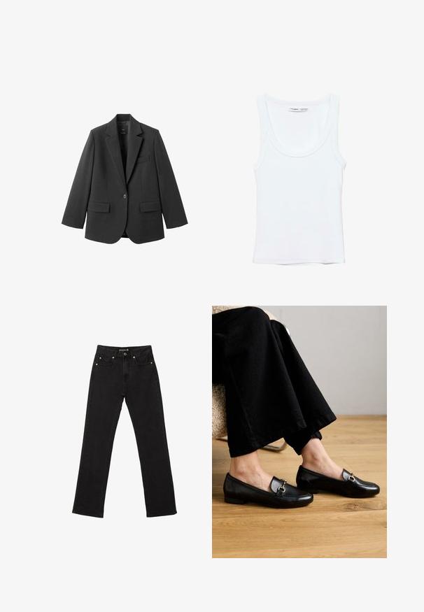 Sort blazer lavet af glat stof med en hakket revers, enkelt knaplukning og to forlommer. Enkel, skræddersyet design.; Hvid, ærmeløs top med rund halsudskæring, lavet af blødt stof. Mærkat indeni kraven viser mærke og størrelsesoplysninger.; Sorte denim jeans med lige ben, fem lommer og diskrete kobbernitter. Lavet af slidstærkt bomuldsstof.; Sorte læder loafers med firkantet tå og lille hæl, der har en dekorativ hardware i guldfarve på oversiden.