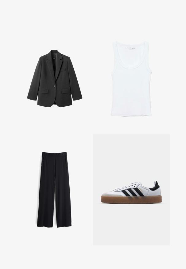 Schwarzer Blazer aus glattem Stoff mit Reverskragen, Ein-Knopf-Verschluss und zwei Vorderentaschen. Einfaches, maßgeschneidertes Design.; Schlichtes weißes ärmelloses Tanktop mit Rundhalsausschnitt, aus weichem Stoff, Etikett im Kragen zeigt Marken- und Größenangaben.; Schwarze, weit geschnittene Hose mit glatter Textur und elastischem Bund. Ausgestattet mit Seitentaschen und lockerem Sitz für zusätzlichen Komfort.; Weiße Leder Sneakers mit schwarzen Streifen, Gummigummi-Außensohle, runder Zehenform, Schnürverschluss und weichem grauem Wildleder-Zehenkappe.