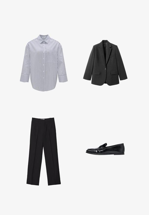 Schwarzer Blazer aus glattem Stoff mit Reverskragen, Ein-Knopf-Verschluss und zwei Vorderentaschen. Einfaches, maßgeschneidertes Design.; Gestreiftes Hemd mit Kragen, weißer Grundfarbe und dunkelblauen vertikalen Streifen. Verfügt über eine Brusttasche und breite, dreiviertellange Ärmel.; Schwarze maßgeschneiderte Hosen mit geradem Bein, doppelten Falten, glatter Textur und dezenten Vordernahtdetails.; Schwarzer Lederloafer mit Mokassinnaht und flacher Sohle, von der rechten Seite auf weißem Hintergrund gezeigt.