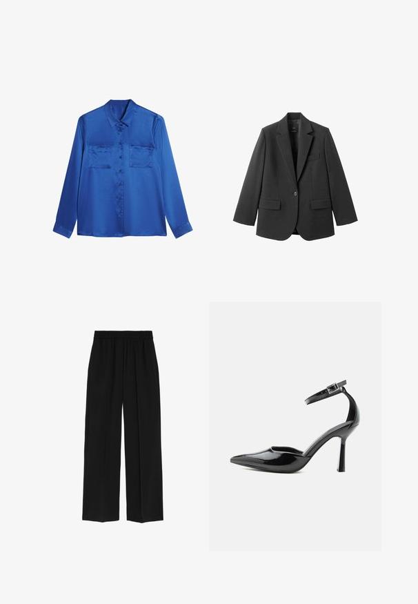 Zwart colbert van gladde stof, met een inkeping op de revers, enkele knoopsluiting en twee voorzakken. Eenvoudig, op maat gemaakt ontwerp.; Satijnen blauwe blouse met een kraaglijn, lange mouwen, twee borstzakken en knoopsluiting aan de voorkant. Soepele, glanzende textuur.; Marks & Spencer WIDE LEG - Broek - black; Zwarte lakleren pump met spitse neus, enkelriem en zilverkleurige gesp, stilettohak, zijaanzicht op effen achtergrond.