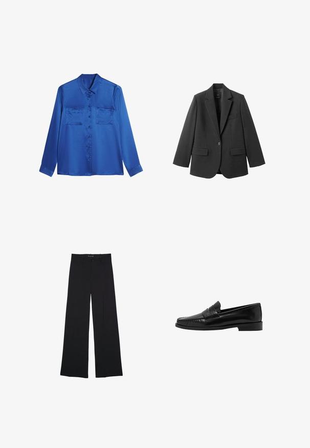 Schwarzer Blazer aus glattem Stoff mit Reverskragen, Ein-Knopf-Verschluss und zwei Vorderentaschen. Einfaches, maßgeschneidertes Design.; Satinblaue Bluse mit kragenförmigem Halsausschnitt, langen Ärmeln, zwei Brusttaschen und Knopfverschluss vorne. Glatte, glänzende Textur.; Schwarze, weit geschnittene Hose mit Knopf- und Reißverschluss, Gürtelschlaufen und glattem, maßgeschneidertem Finish.; Mango Slipper - black