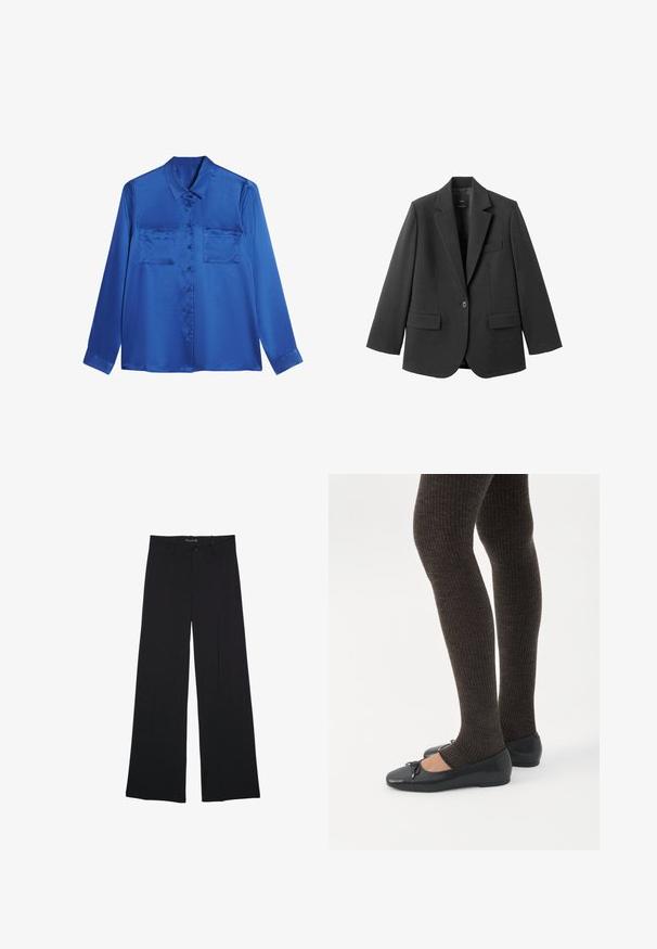 Zwart colbert van gladde stof, met een inkeping op de revers, enkele knoopsluiting en twee voorzakken. Eenvoudig, op maat gemaakt ontwerp.; Satijnen blauwe blouse met een kraaglijn, lange mouwen, twee borstzakken en knoopsluiting aan de voorkant. Soepele, glanzende textuur.; Zwarte broek met wijde pijpen, voorzien van ceintuurlussen, een knoopsluiting aan de voorkant en een rits, plat gelegd op een witte achtergrond.; Benen met donkere geribbelde leggings gecombineerd met zwarte ballerina's met kleine strikdetails op een witte achtergrond.