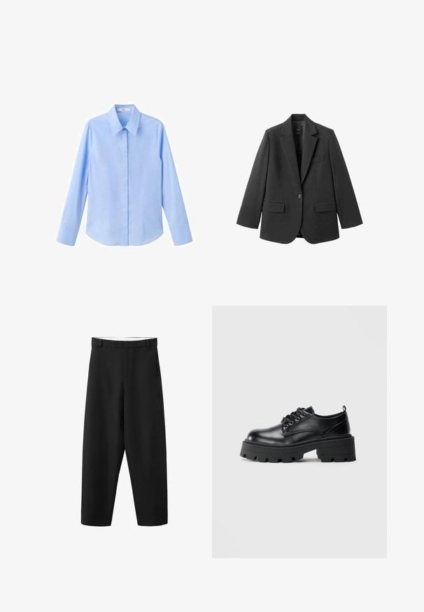 Blazer noir en tissu lisse, doté d'un revers cranté, d'une fermeture à un bouton et de deux poches avant. Design simple et ajusté.; Chemise bleu clair à boutons, manches longues, col classique, texture lisse, coupe ajustée et coutures latérales pour un look structuré.; Pantalon noir à jambes droites avec passants pour ceinture, fermeture éclair à l'avant, et un design épuré et simple, adapté pour une tenue formelle ou décontractée.; Chaussures en cuir noir avec un bout arrondi, un laçage et une semelle en caoutchouc épaisse avec des crampons profonds. Détails de couture simples le long des bordures.