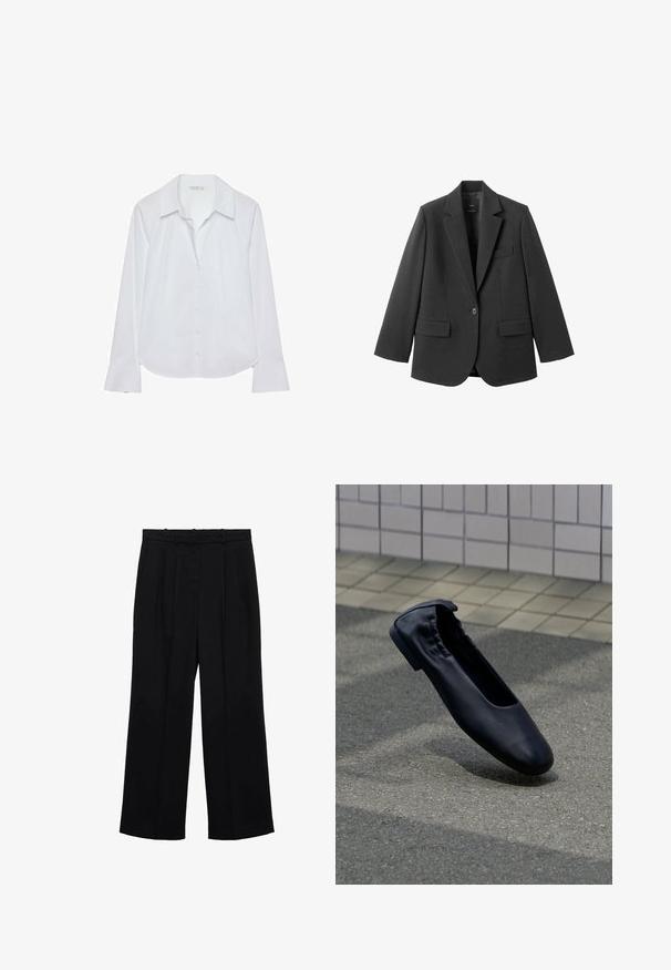 Blazer noir en tissu lisse, doté d'un revers cranté, d'une fermeture à un bouton et de deux poches avant. Design simple et ajusté.; Chemise blanche à manches longues avec un col classique, une fermeture boutonnée sur le devant et des poignets légèrement évasés, confectionnée dans un tissu lisse avec un léger éclat.; Pantalons larges noirs à taille haute, dotés de deux plis à l'avant et d'une texture lisse. Fini avec une fermeture classique à glissière et bouton.; Ballerine en cuir noir avec un dos élastiqué reposant sur un pavement extérieur texturé avec un mur carrelé en arrière-plan.