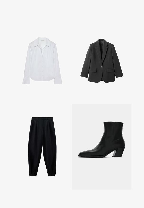 Blazer noir en tissu lisse, doté d'un revers cranté, d'une fermeture à un bouton et de deux poches avant. Design simple et ajusté.; Chemise blanche à manches longues avec un col classique, une fermeture boutonnée sur le devant et des poignets légèrement évasés, confectionnée dans un tissu lisse avec un léger éclat.; Pantalon noir taille haute effilé avec des plis à la taille et aux poignets, et des poches latérales, présenté sur fond blanc.; Bottine en cuir noir avec un bout pointu, une silhouette élégante et un talon carré massif. Texture lisse avec des détails de couture minimalistes.