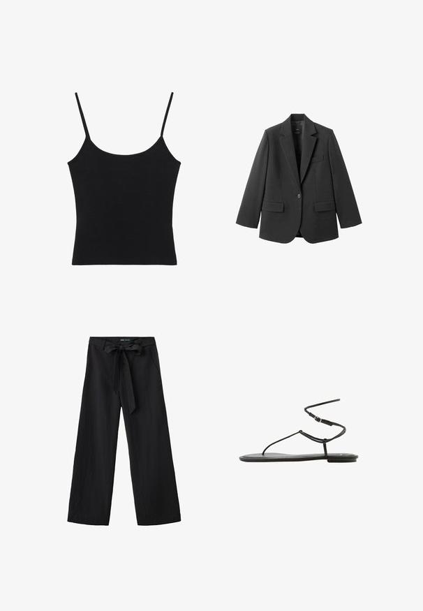 Blazer noir en tissu lisse, doté d'un revers cranté, d'une fermeture à un bouton et de deux poches avant. Design simple et ajusté.; Débardeur noir sans manches pour femme avec fines bretelles spaghetti et ourlet droit.; Pantalon noir à jambes larges avec une ceinture en tissu nouée en nœud à la taille et des poches latérales, présenté sur fond blanc.; Sandale plate noire avec fines brides et fermeture à boucle autour de la cheville, design minimaliste, vue de côté sur fond blanc.
