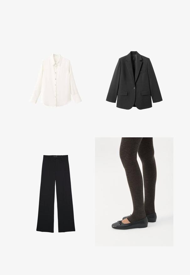 Blazer noir en tissu lisse, doté d'un revers cranté, d'une fermeture à un bouton et de deux poches avant. Design simple et ajusté.; Chemise blanche à manches longues avec col classique et fermeture boutonnée à l'avant ; elle est conçue dans un tissu léger et lisse avec un ourlet arrondi.; Pantalon noir à jambes larges avec passants de ceinture, bouton frontal et fermeture éclair, étalé à plat sur un fond blanc.; Jambes portant des leggings côtelés foncés associés à des ballerines noires avec de petits détails en nœud sur fond blanc.