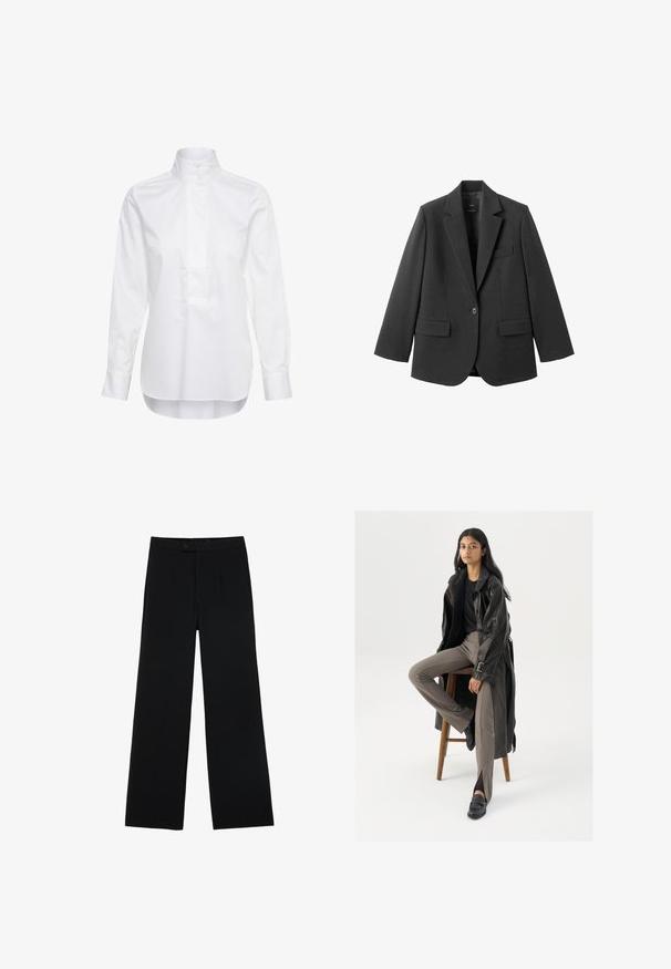 Blazer noir en tissu lisse, doté d'un revers cranté, d'une fermeture à un bouton et de deux poches avant. Design simple et ajusté.; Chemise blanche à manches longues avec un col montant et deux boutons, dotée d’une patte de boutonnage à l’avant et d’un ourlet légèrement arrondi.; Pantalons noirs à jambes larges en tissu lisse, dotés d'une fermeture à bouton à l'avant et de deux plis pour un détail supplémentaire. Design ajusté dans l'ensemble.; Manteau trench en cuir noir avec des boutons et une ceinture, associé à un pantalon ajusté marron clair et des mocassins noirs, assis sur un tabouret en bois.