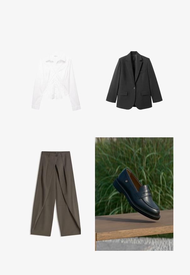 Blazer noir en tissu lisse, doté d'un revers cranté, d'une fermeture à un bouton et de deux poches avant. Design simple et ajusté.; Chemise blanche à manches longues avec col, coupe slim, boutons sur le devant et poignets, présentée à plat sur un fond blanc.; Pantalons à jambes larges en tissu texturé gris foncé. Présente un pli avant, une fermeture par bouton et des poches latérales pour plus de praticité.; Chaussure loafer en cuir noir flottant au-dessus d’un banc en bois avec de hautes herbes vertes en arrière-plan.